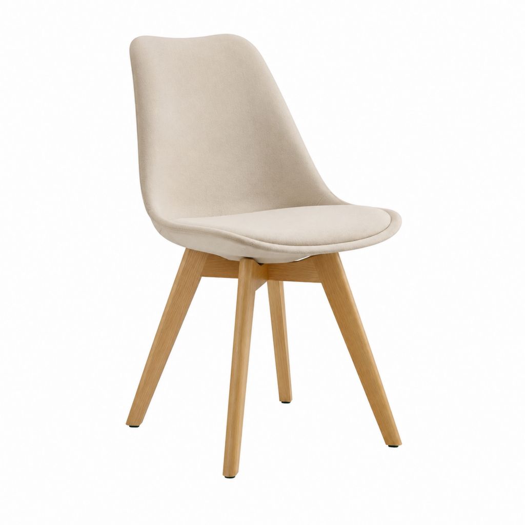 Chaise de salle à manger beige en polyester avec pieds en hêtre massif forme arrondie 48 x 55 x 82 cm