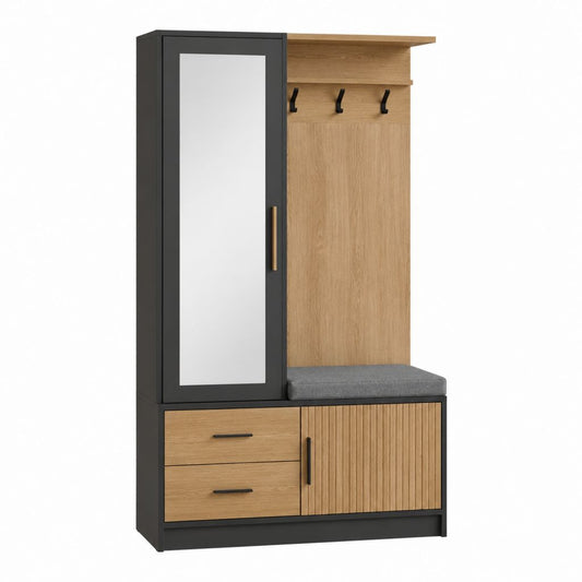Meuble d'entrée avec miroir rangement et banc chêne clair noir 100 x 40 x 180 cm