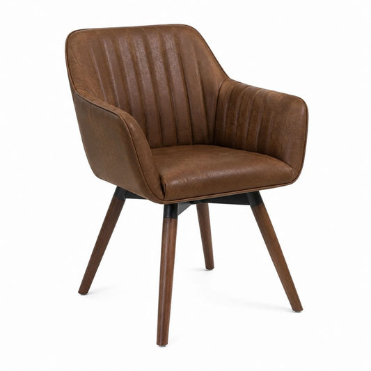 Chaise de salle à manger avec accoudoirs marron en PU pieds en hévéa forme arrondie 59 x 62 x 84 cm