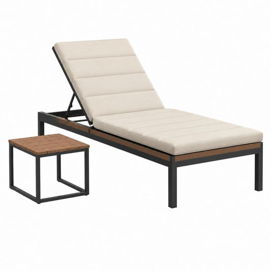Lot bain de soleil inclinable avec table d'appoint beige aluminium et bois d'acacia 200 x 70 x 33 cm