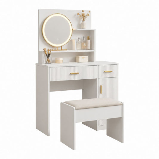 Coiffeuse blanche en panneaux MDF avec miroir LED rond et tabouret 80 x 40 x 125 cm