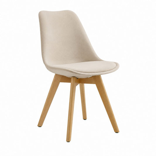 Chaise de salle à manger beige en polyester avec pieds en hêtre massif forme arrondie 48 x 55 x 82 cm