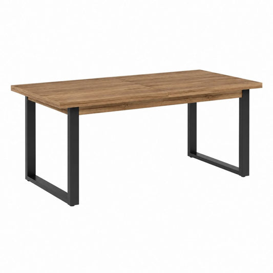 Table à manger extensible chêne et noir en panneau de particules mélaminé avec pieds en acier 160-200 x 90 x 76 cm